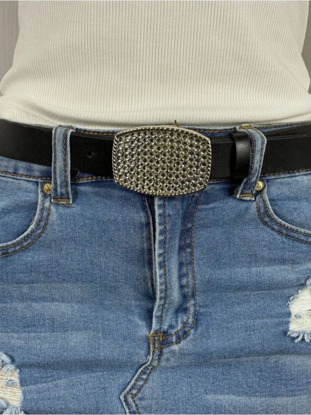 Steve Madden Womens belt Sz M Black Leather Silver Crystal Buckle Whimsygoth